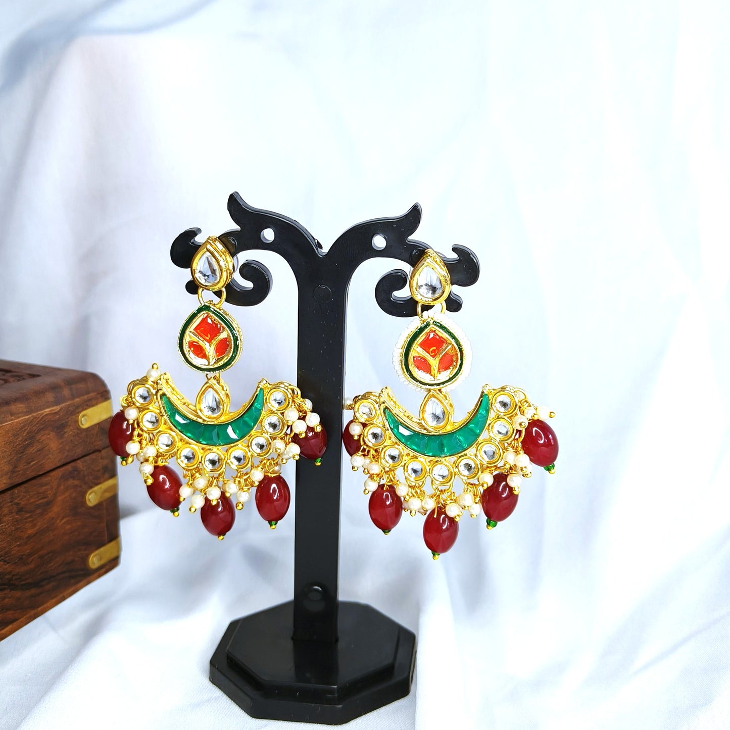 "PAN" Rubi & Green Kundan Studed Red Beaded Chandbali Earrings