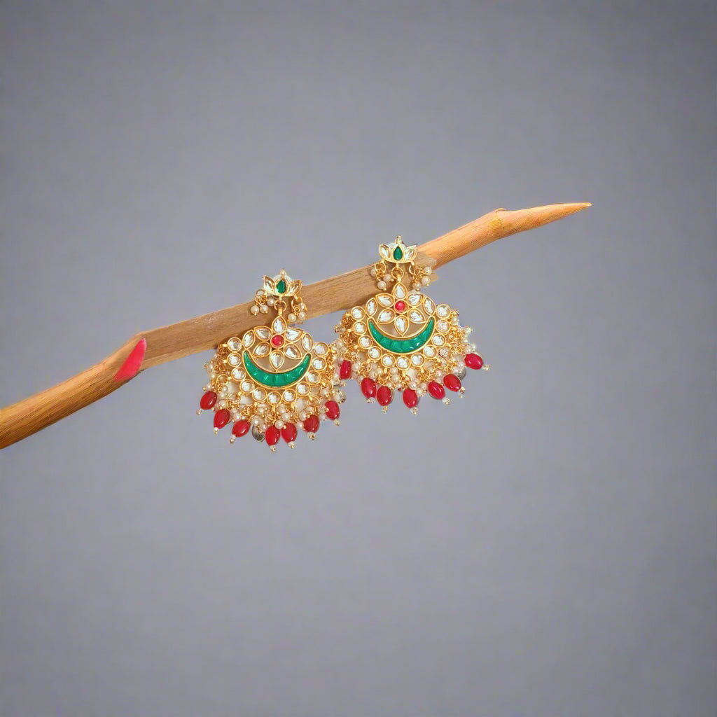 "AVIKA" Gold Plated Emerald & Rubi Stone Studded Rubi Beaded Chandbali Earrings