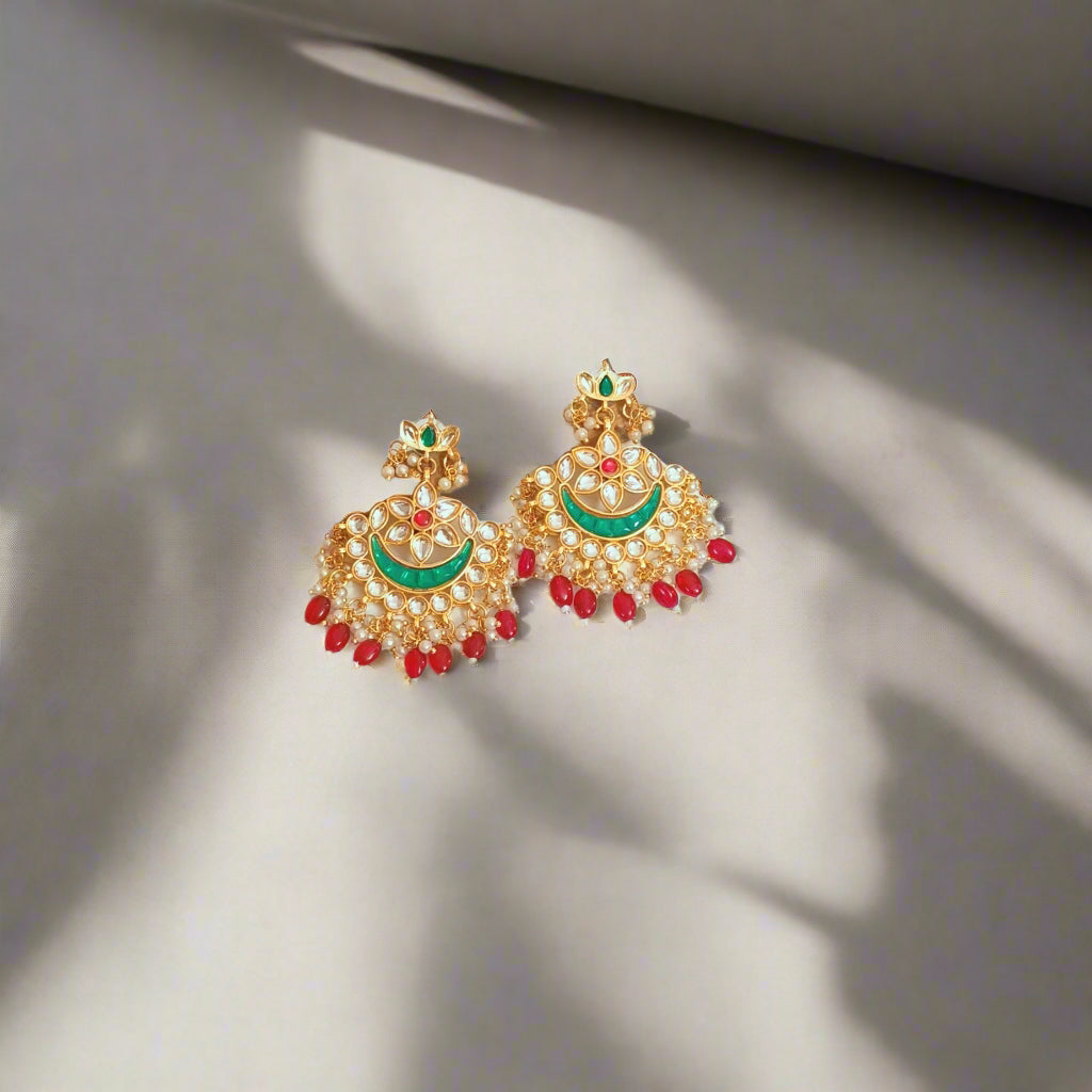 "AVIKA" Gold Plated Emerald & Rubi Stone Studded Rubi Beaded Chandbali Earrings