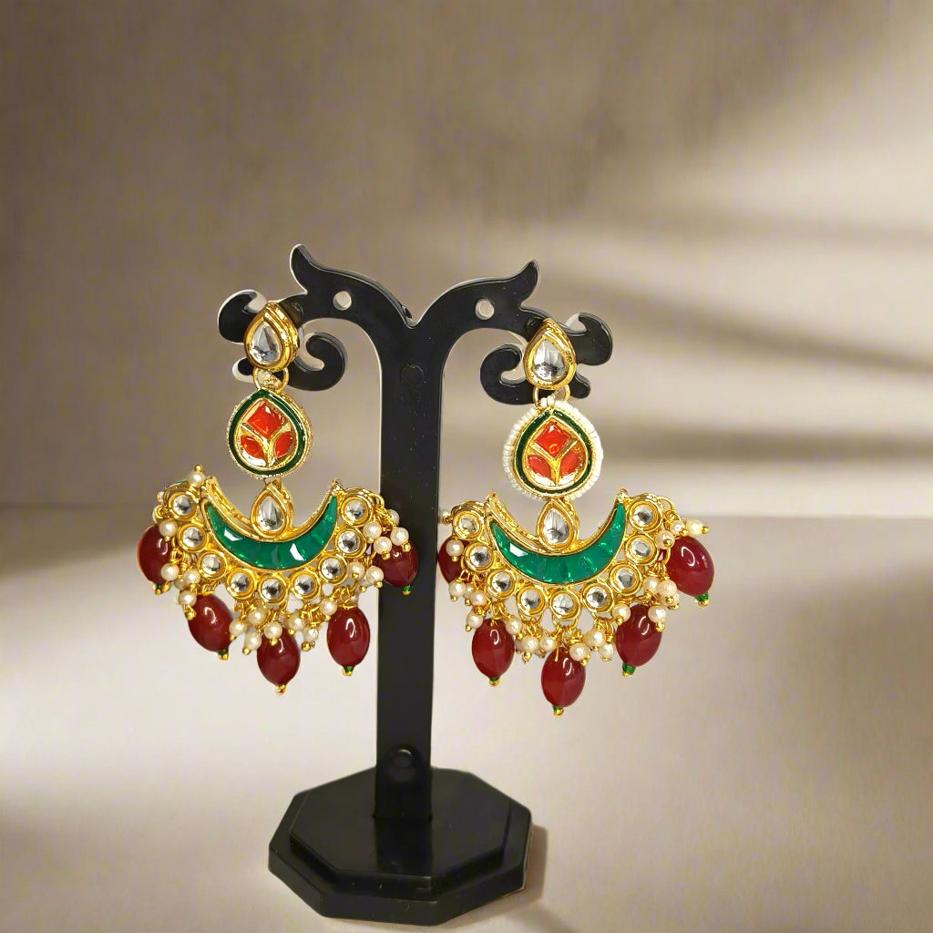 "PAN" Rubi & Green Kundan Studed Red Beaded Chandbali Earrings