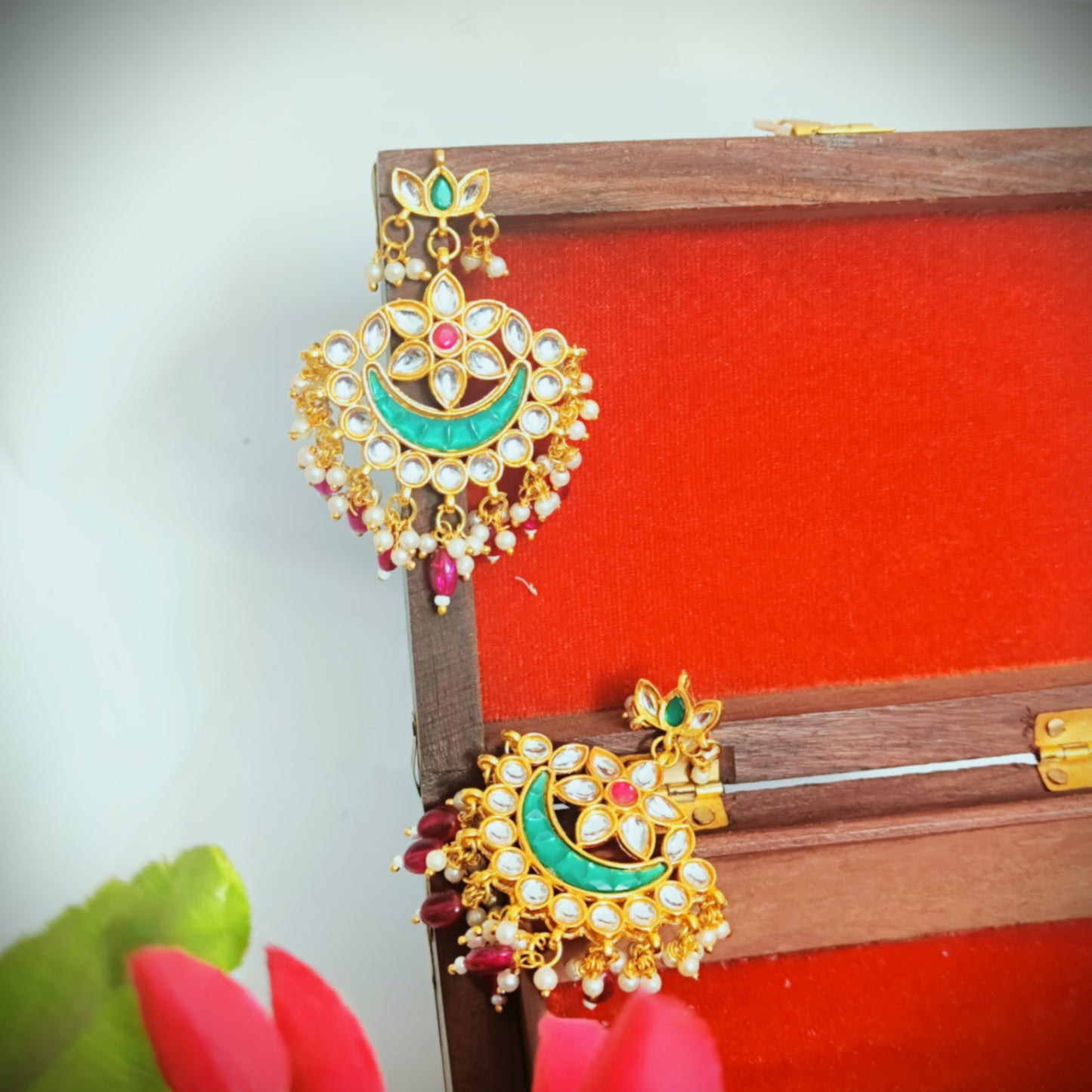 "AVIKA" Gold Plated Emerald & Rubi Stone Studded Rubi Beaded Chandbali Earrings