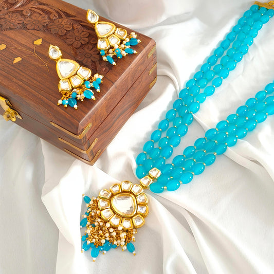 "S-SACHI" Gold Plated Kundan Turquoise Beads Necklace Set