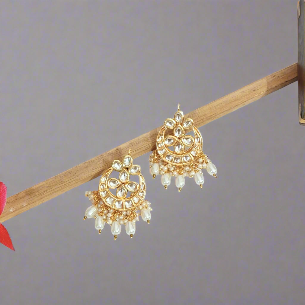 "RAVI" Gold Plated Kundan Studded White Drop Pearls Chandbali Earrings