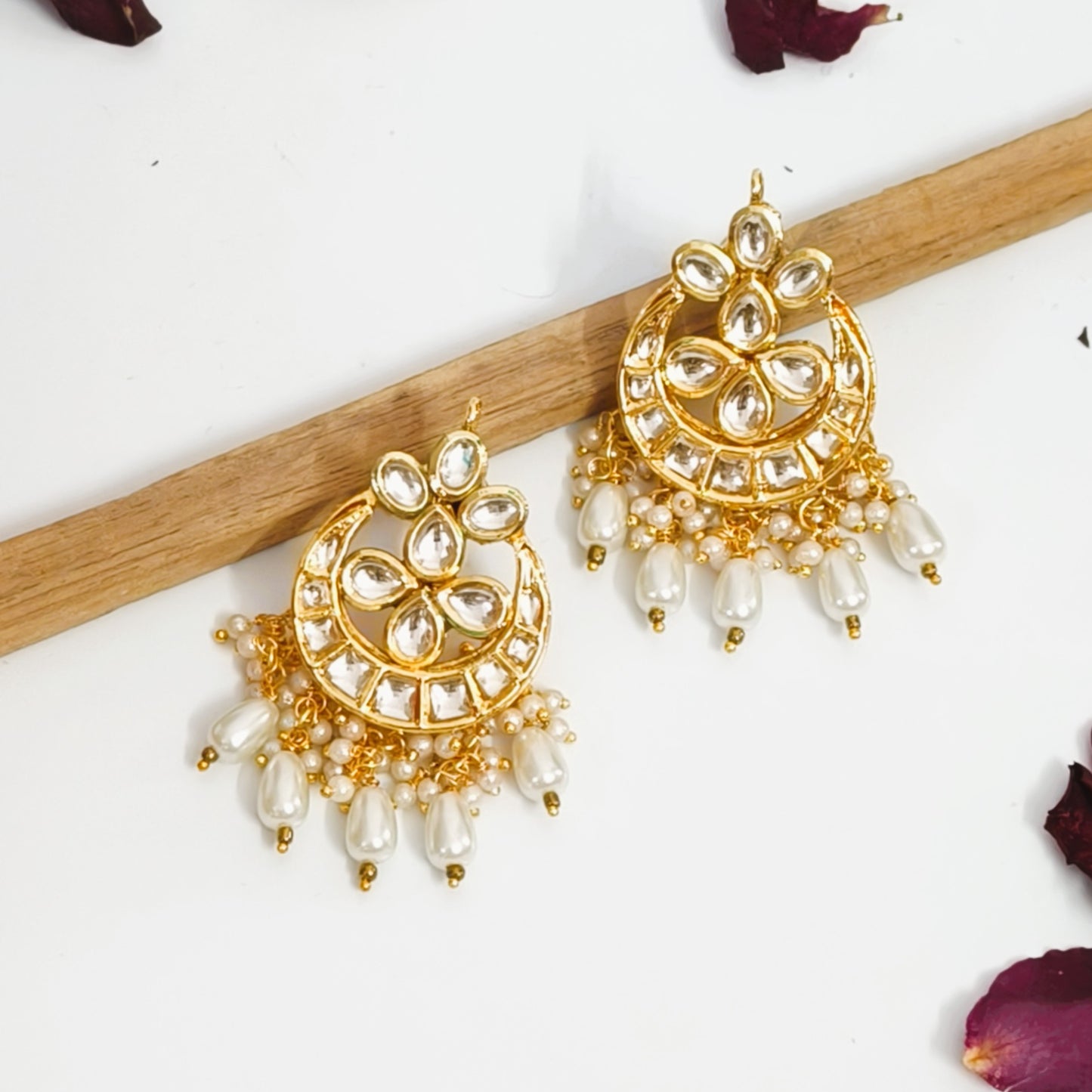 "RAVI" Gold Plated Kundan Studded White Drop Pearls Chandbali Earrings