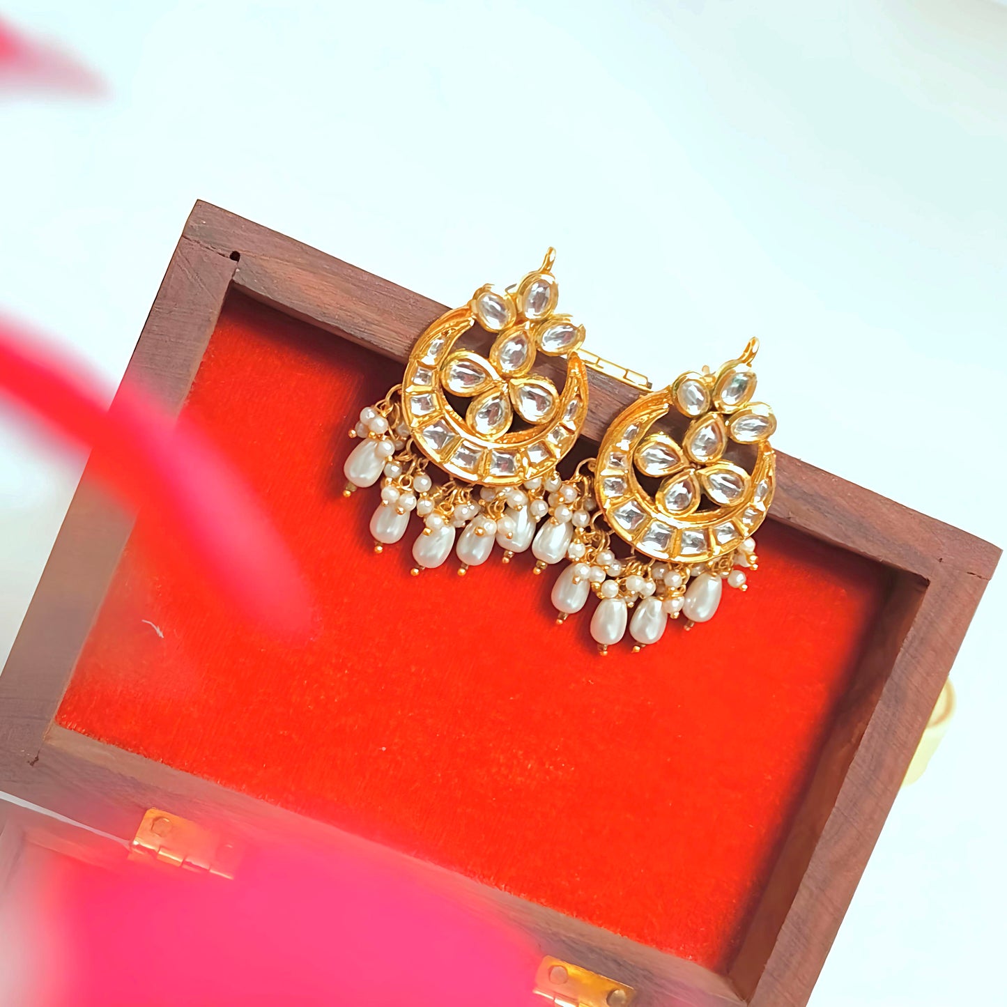 "RAVI" Gold Plated Kundan Studded White Drop Pearls Chandbali Earrings