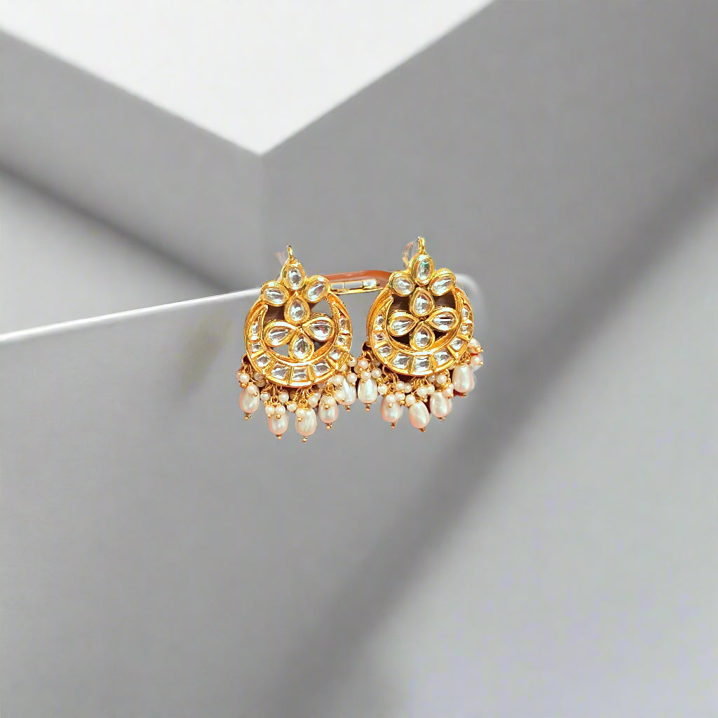 "RAVI" Gold Plated Kundan Studded White Drop Pearls Chandbali Earrings