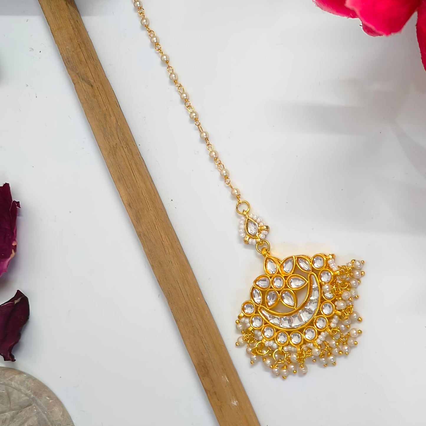"ANISHA" Gold Plated Kundan Chandbali Mangtikka With Pearls