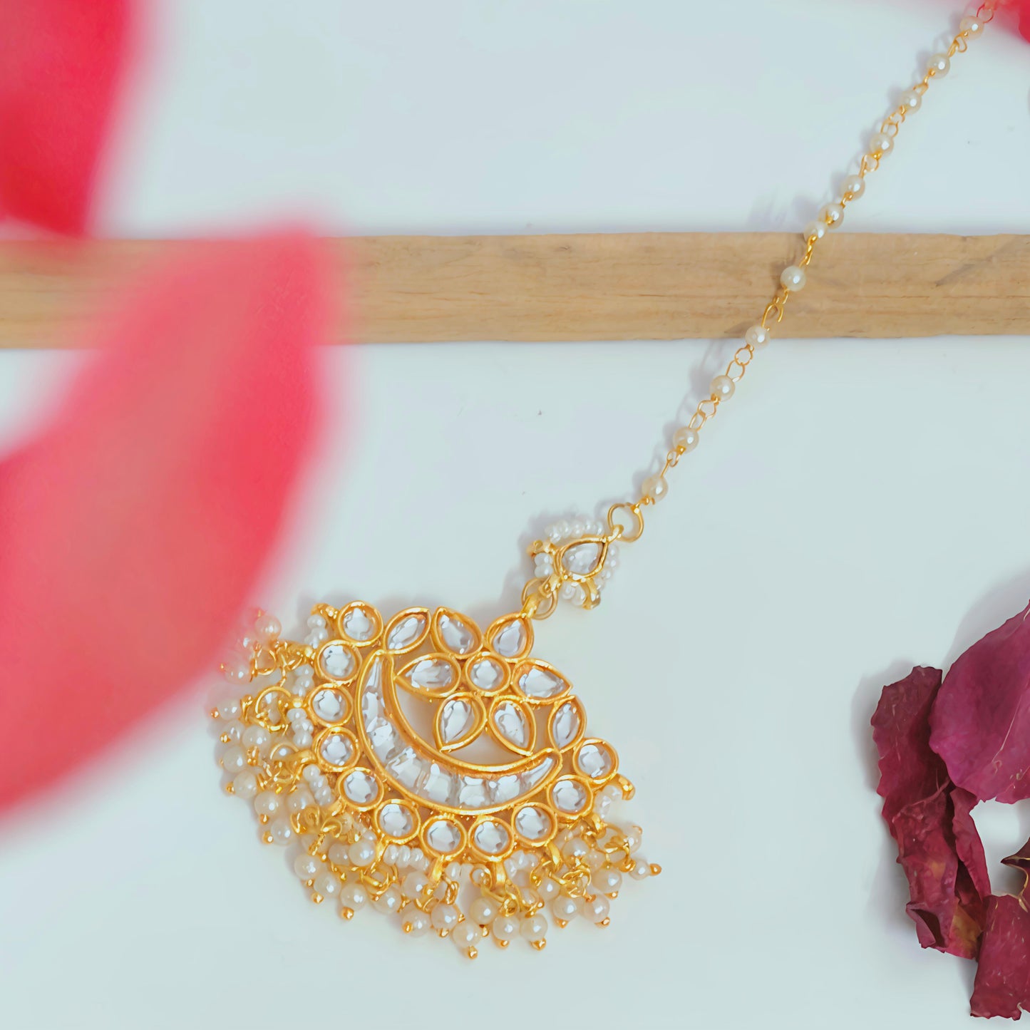 "ANISHA" Gold Plated Kundan Chandbali Mangtikka With Pearls