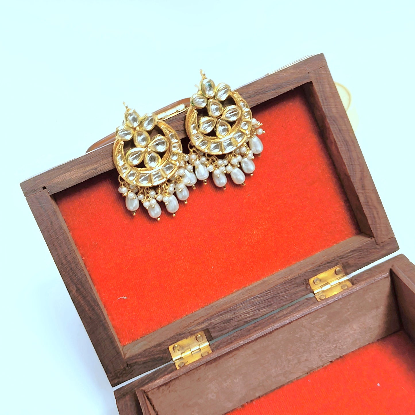 "RAVI" Gold Plated Kundan Studded White Drop Pearls Chandbali Earrings