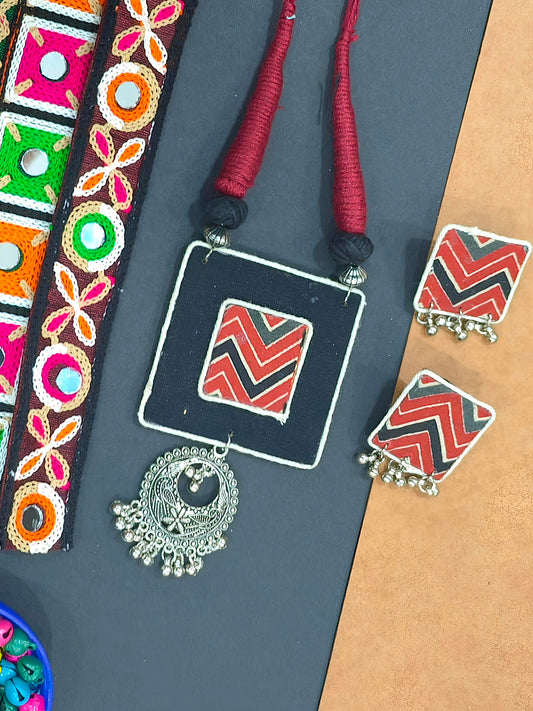 GAMTHI 3.0 Ajarakh Maroon & Black Fabric Square Necklace Set