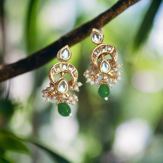 "VANSIKA" Kundan Chand Green Beaded Drop Earrings