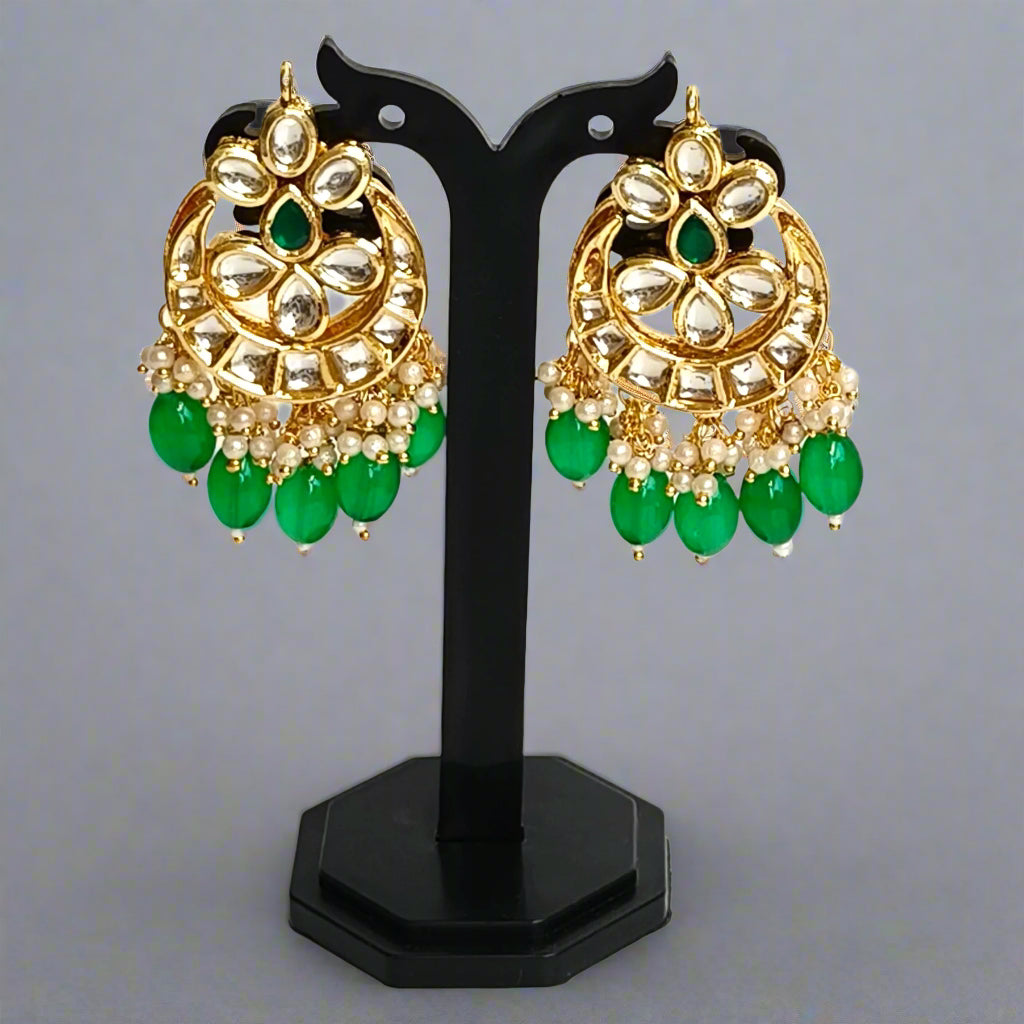 "RAVI" Gold Plated Green Kundan Studded Pearls Chandbali Earrings