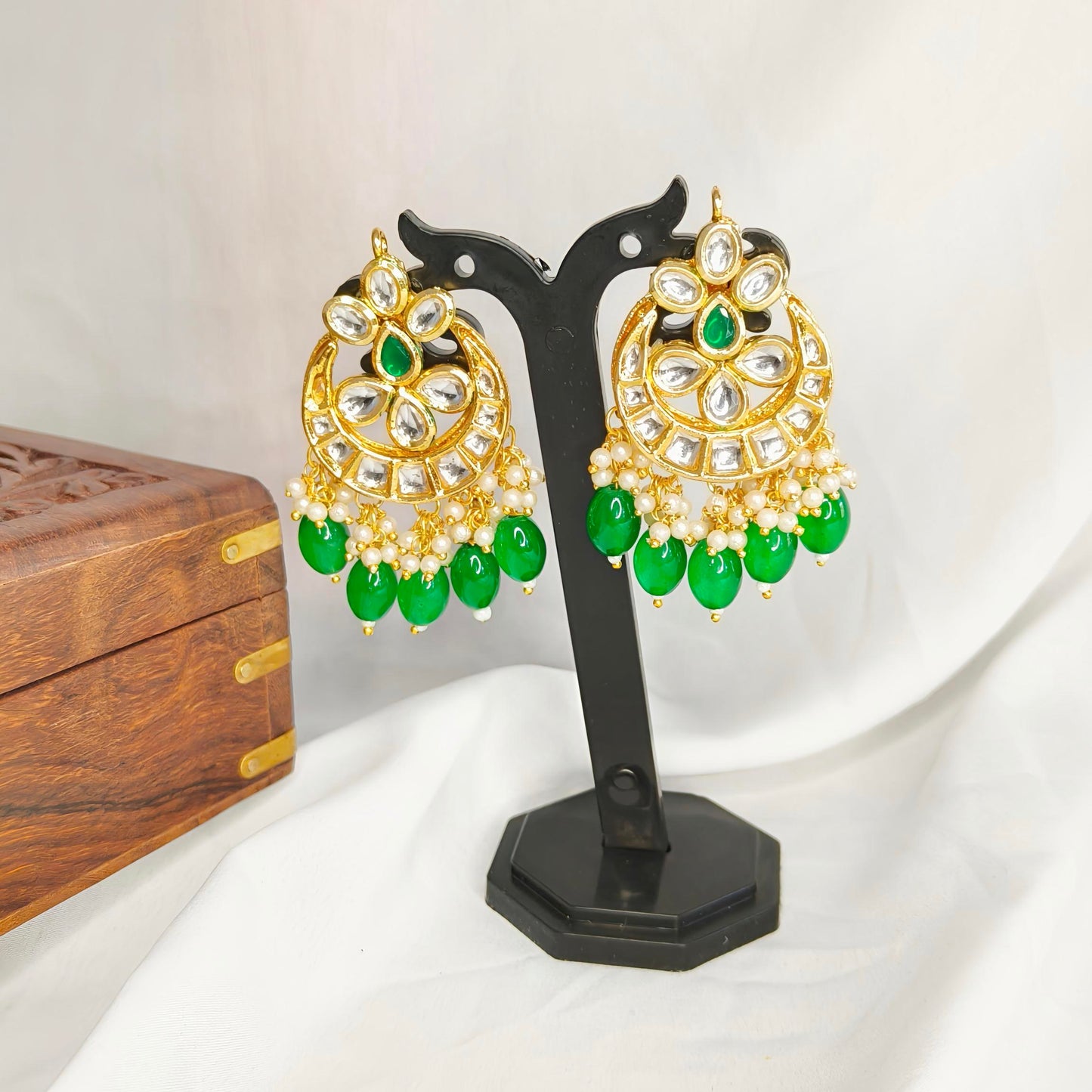 "RAVI" Gold Plated Green Kundan Studded Pearls Chandbali Earrings