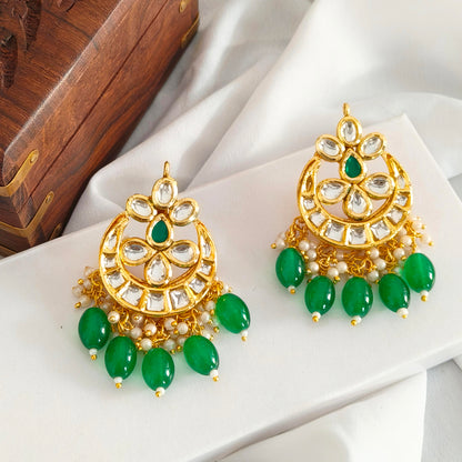 "RAVI" Gold Plated Green Kundan Studded Pearls Chandbali Earrings