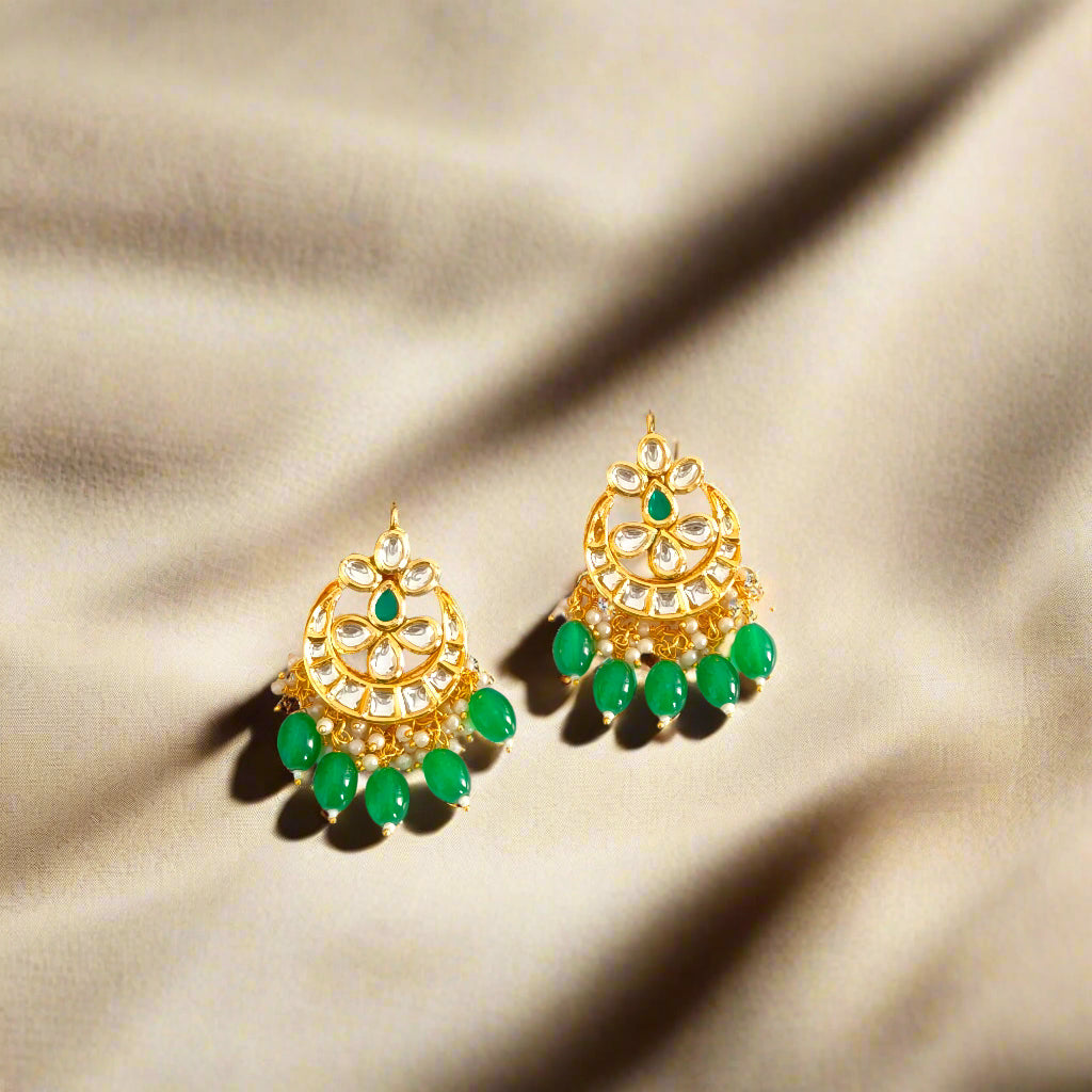 "RAVI" Gold Plated Green Kundan Studded Pearls Chandbali Earrings