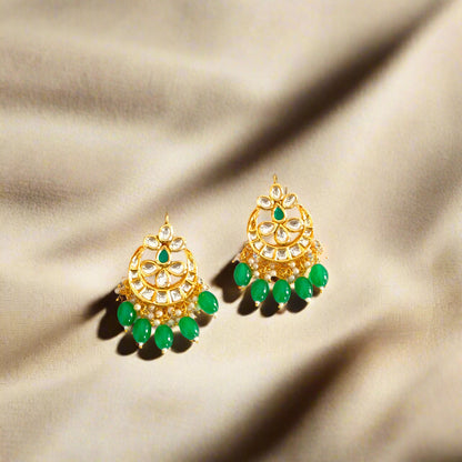 "RAVI" Gold Plated Green Kundan Studded Pearls Chandbali Earrings