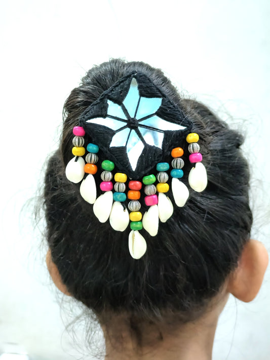 MAYURI BLACK THREAD HAIR PIN WITH CENTER MIRROR ,BEADS & SHELLS