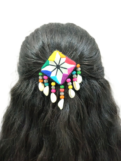 MAYURI RAINBOW THREAD HAIR PIN WITH CENTER MIRROR ,BEADS & SHELLS