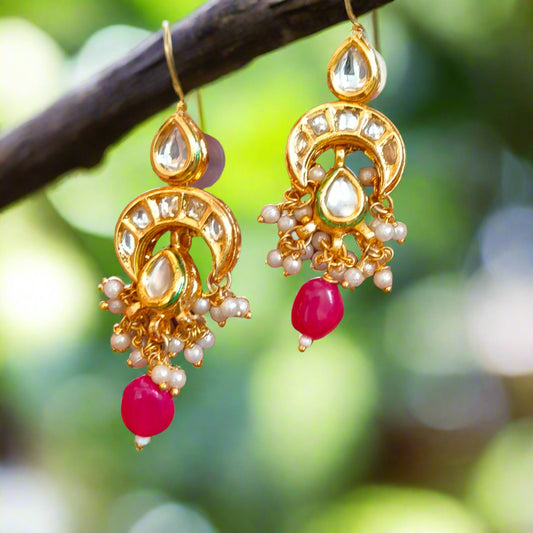 "VANSIKA" Kundan Chand Pink Beaded Drop Earrings