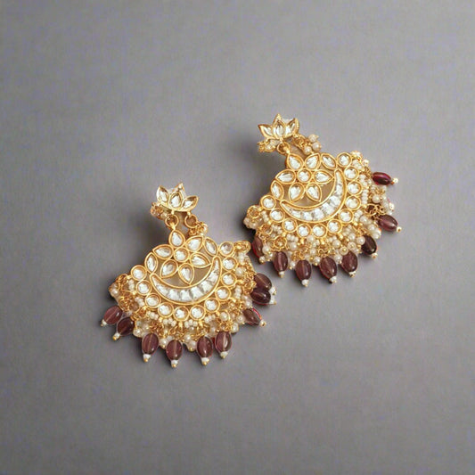 "ANAVI" Gold Plated Kundan Studded Purple Beaded Chandbali Earrings