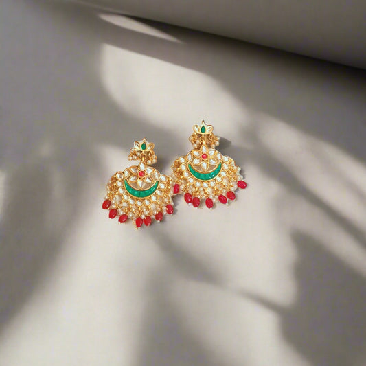 "AVIKA" Gold Plated Emerald & Rubi Stone Studded Rubi Beaded Chandbali Earrings