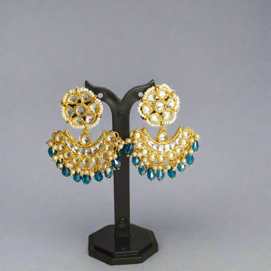 "PRIYA" Gold Plated Kundan studed Peacock Blue (Till Blue) Crystal Beaded Chandbali Earrings